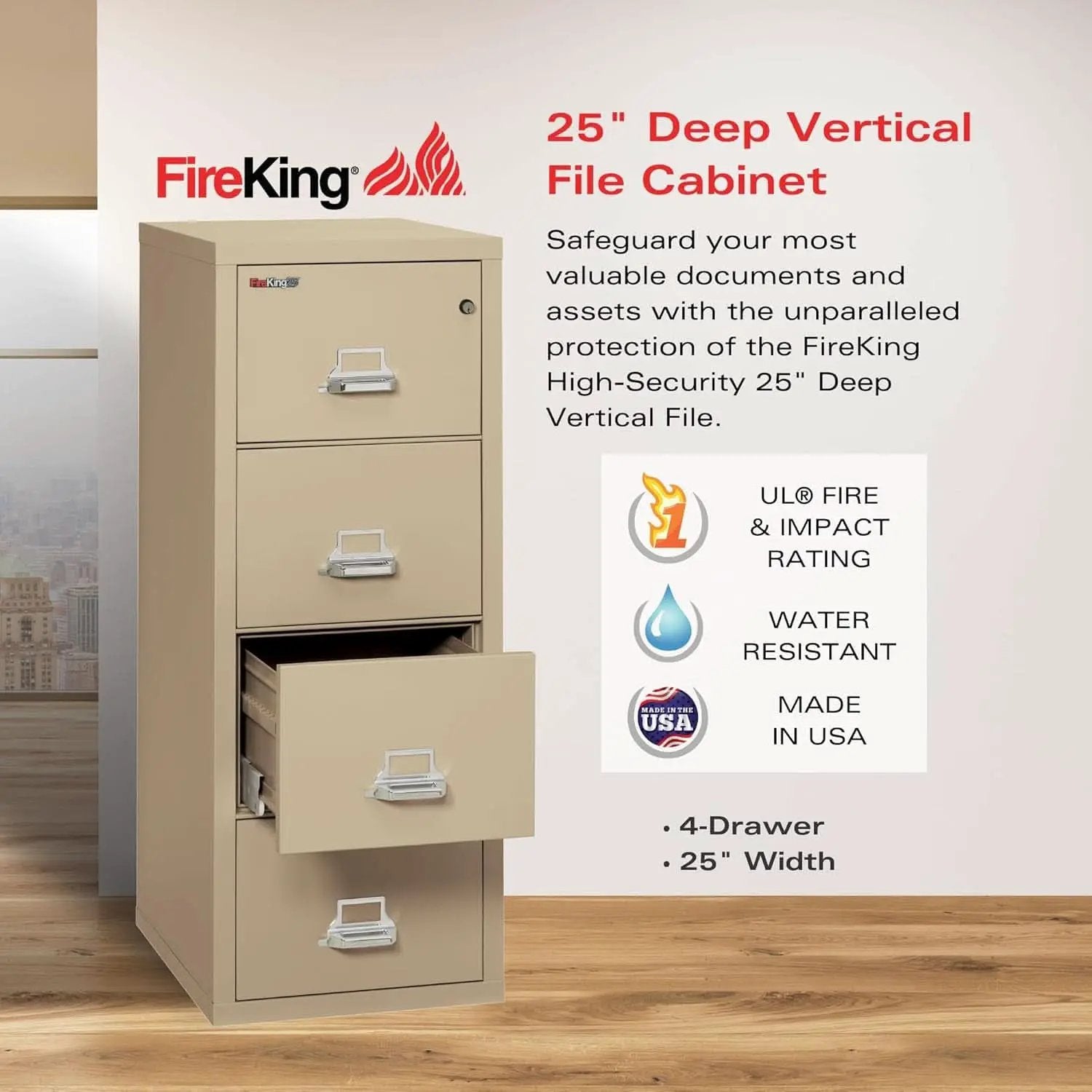 Vertical 4 Drawer Fire Rated File Cabinet Parchment Key Lock from PriceLows™