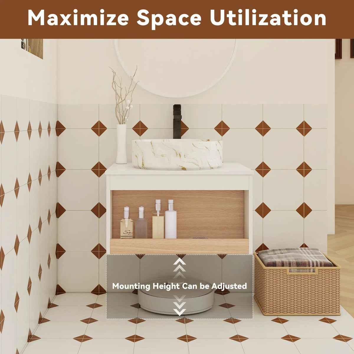 Floating Bathroom Vanity | Wall Mounted | Ceramic Vessel Sink | White