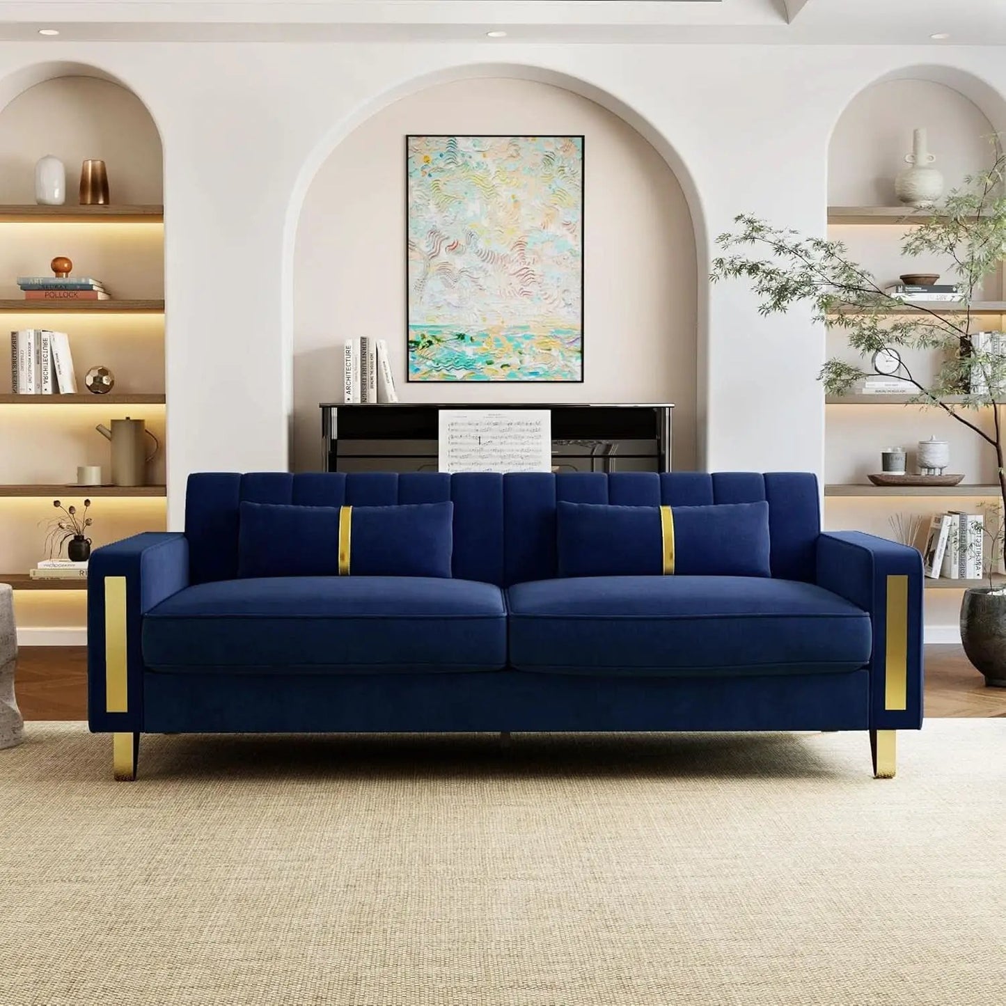 2 Piece Velvet Loveseat Sofa Set For Living Room 86 Inch Blue With Gold Metal Legs And 4 Pillows from PriceLows™