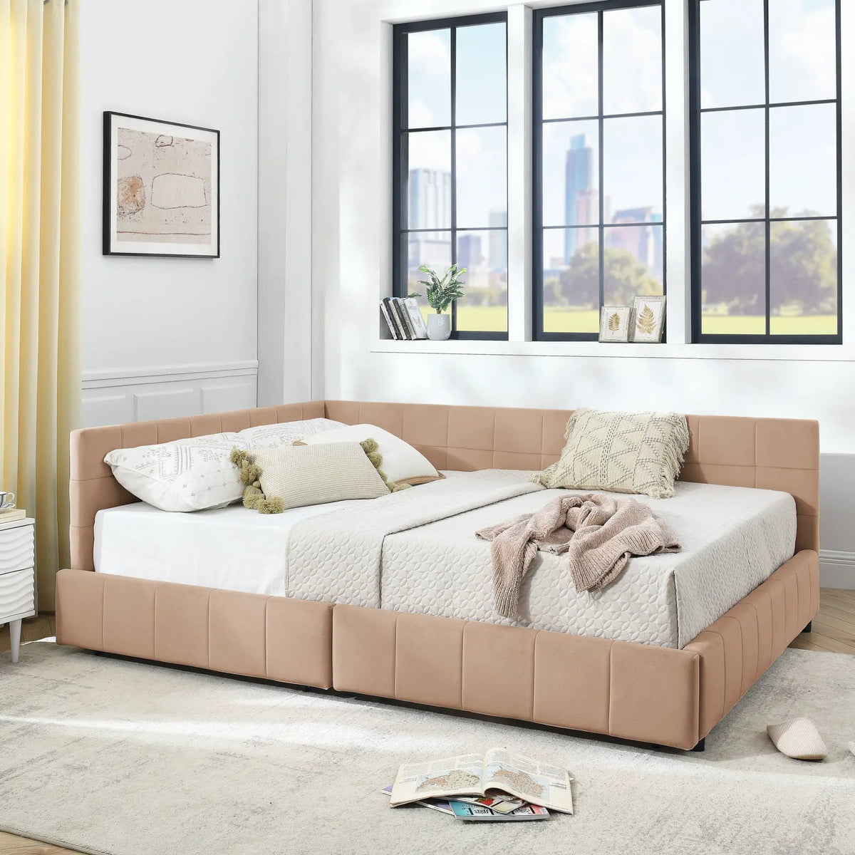 Mid-Century Storage Bed Frame | Upholstered Tufted Design | Backrest And Armrests | Bed Or Sofa Use