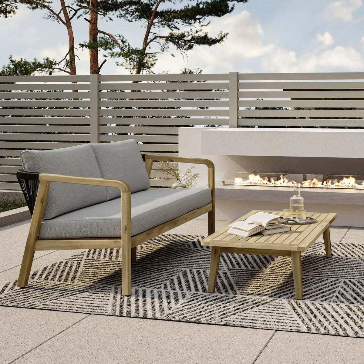 Palmetto Outdoor Sofa | 58.3 x 31.5 x 26 in | Acacia Wood & Fabric | Silver
