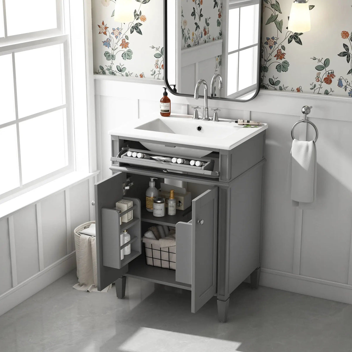 24 Inch Bathroom Vanity | 2 Doors | Tip Out Drawer | Soft Closing Hinges