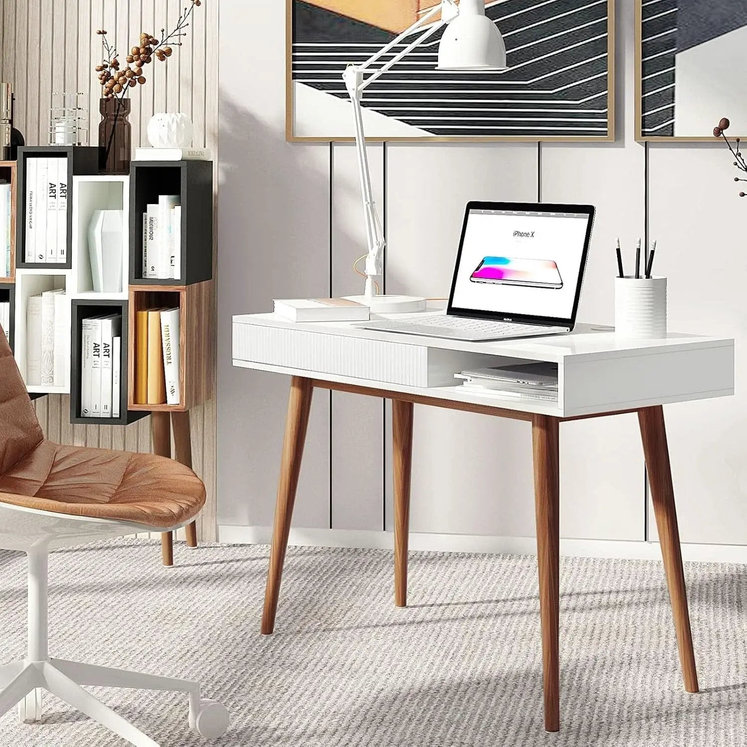 White Writing Desk With Drawers Mid Century Modern from PriceLows™