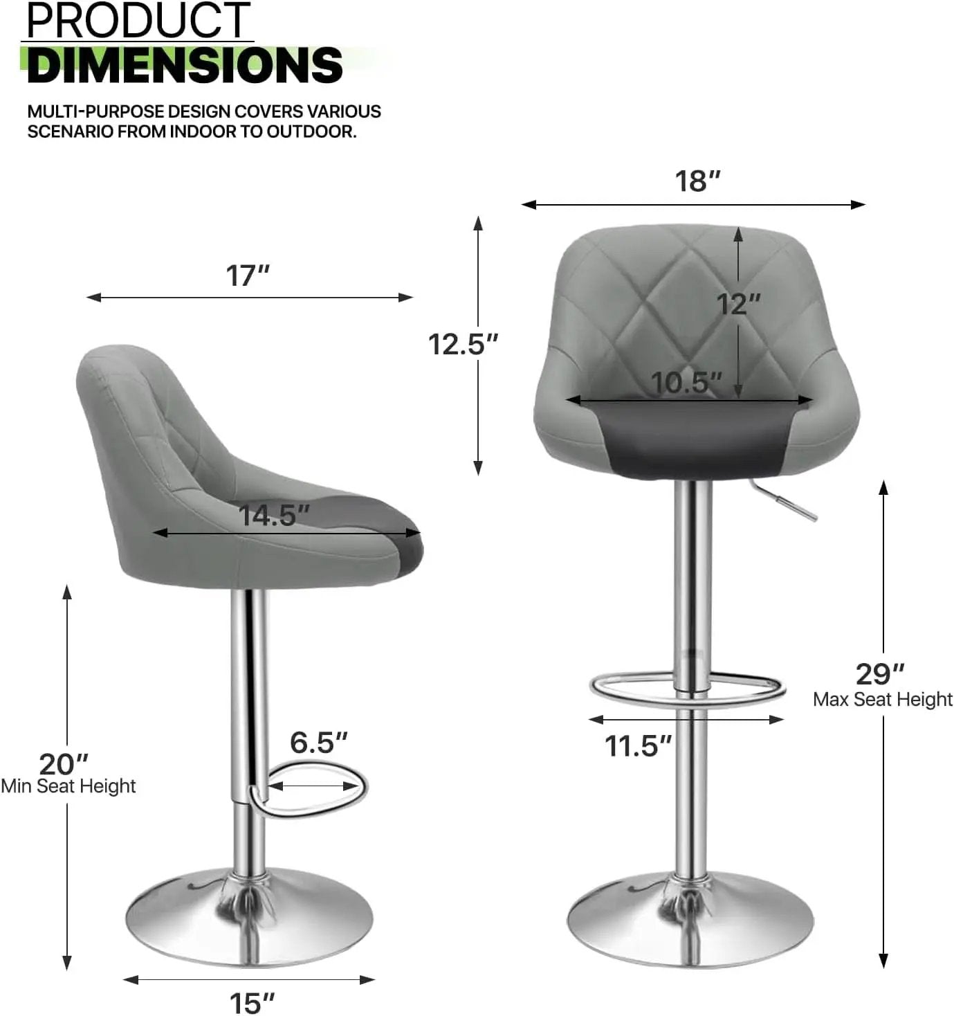 Height Adjustable Grey PU Leather Bar Stools Set Of 2 from PriceLows™
