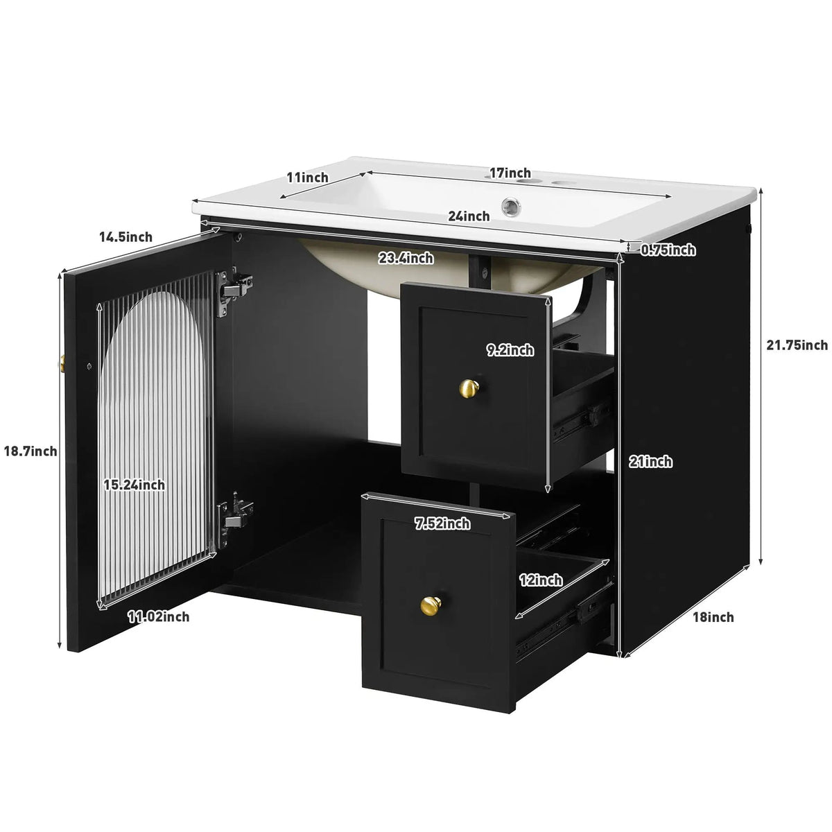 Wall-Mounted Bathroom Vanity Set | Sink Included | 2 Drawers | Soft-Close Glass Door Cabinet