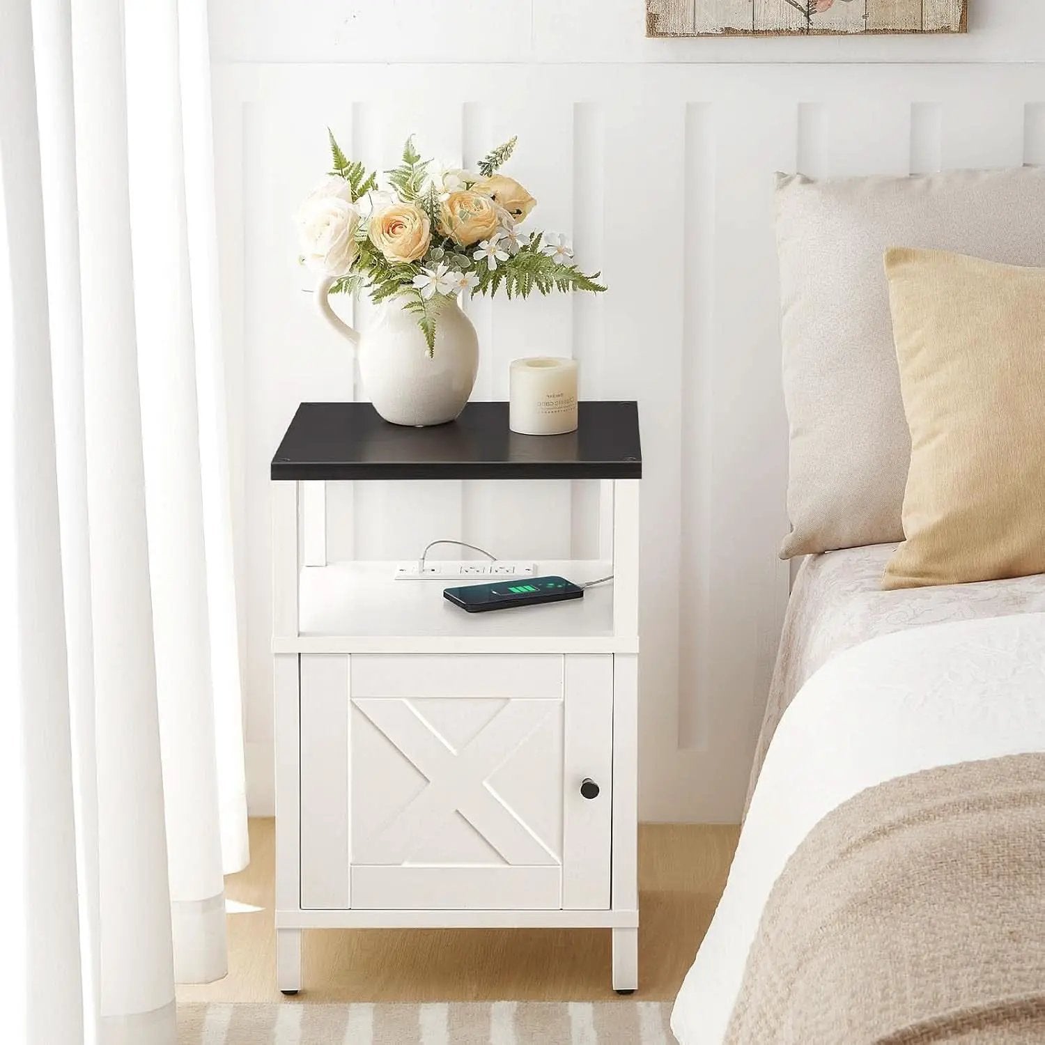 White Farmhouse Bedside Nightstand With USB Type C Ports from PriceLows™