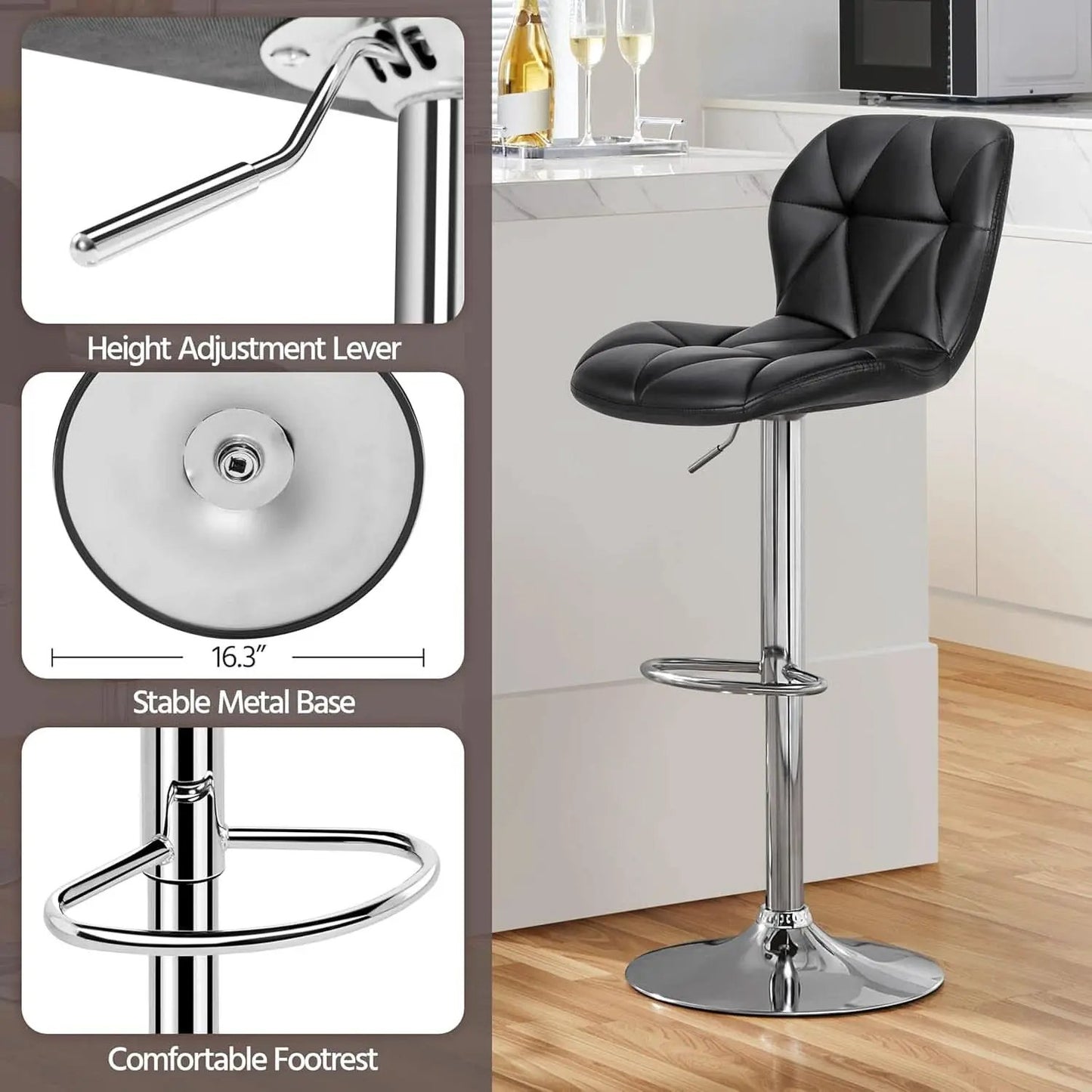 Set Of 2 Modern Adjustable Black PU Leather Bar Stools from PriceLows™