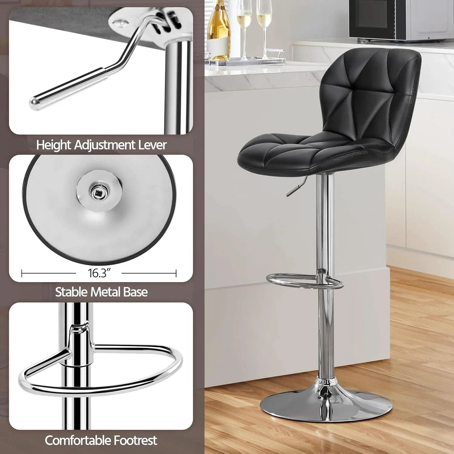 Set Of 2 Modern Adjustable Black PU Leather Bar Stools from PriceLows™