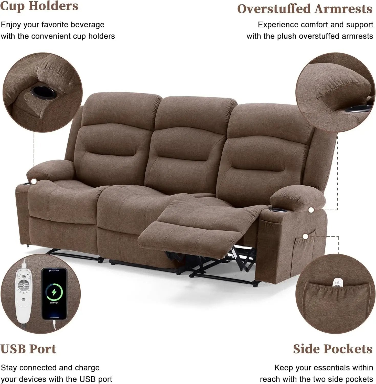 Brown Fabric Recliner Sofa With Heated Massage USB Port from PriceLows™