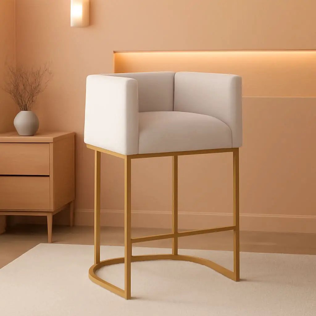 27 Inch Counter Height Bar Stools With Backrest And Arms Gold Metal Frames Beige Linen Upholstery from PriceLows™