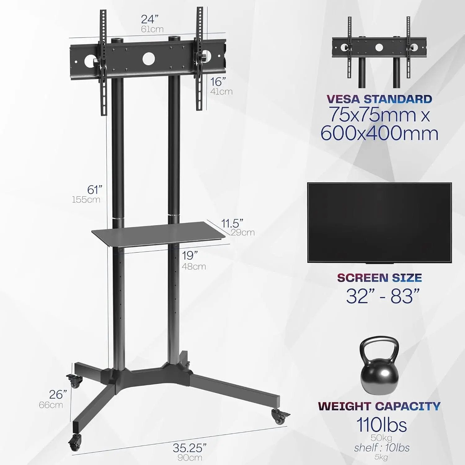 Mobile TV Cart 32 to 83 Inch Adjustable Height Tilt from PriceLows™