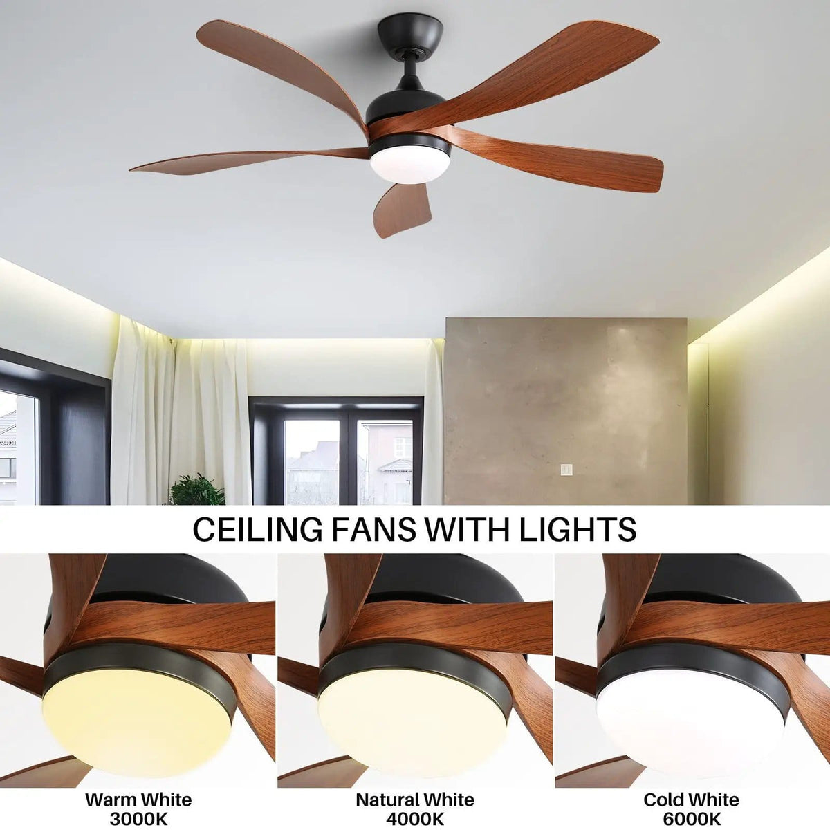Ceiling Fan & DC Motor And Integrated Light | 3 Pieces | Wood | Home