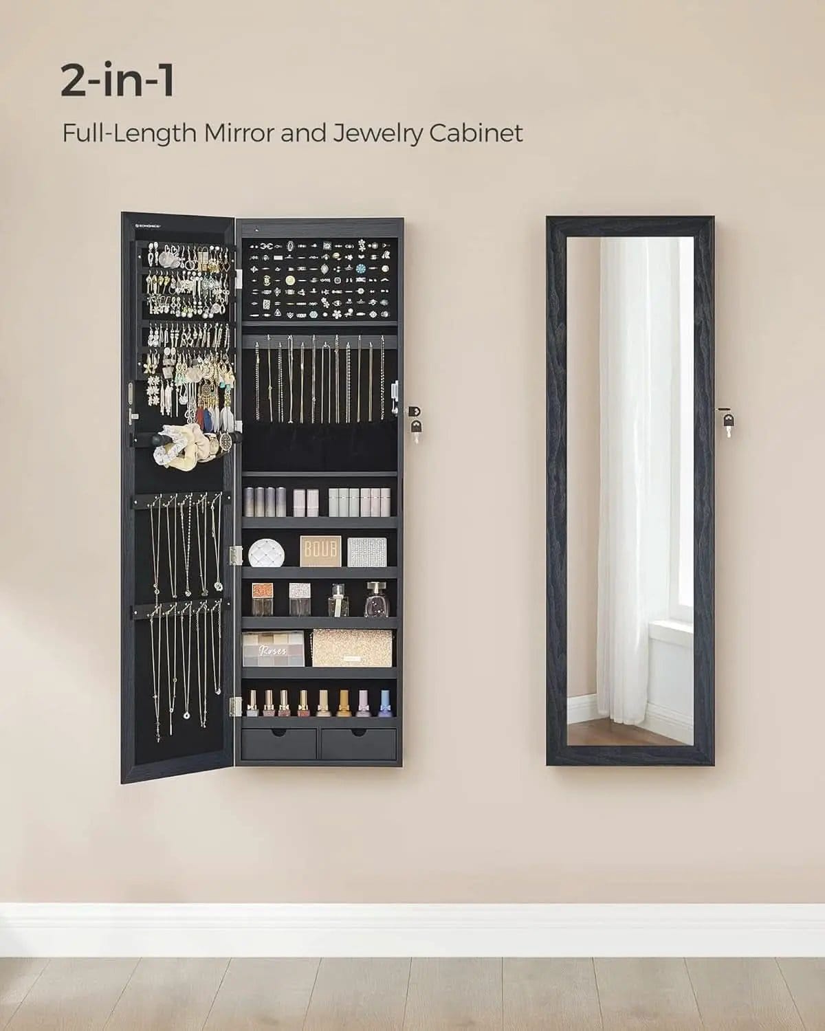 47.2 Inch Tall Black Lockable Mirror Jewelry Cabinet from PriceLows™