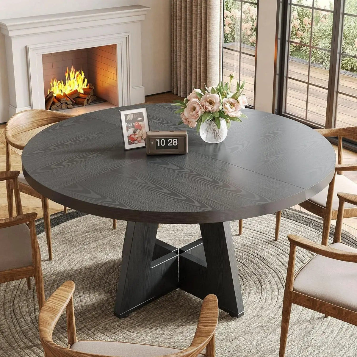 47 Inch Round Dining Table Black With Wooden Pedestal Base from PriceLows™
