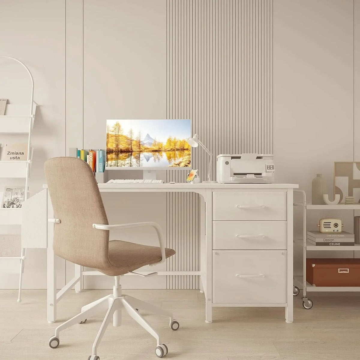 47 Inch White Computer Desk With Fabric File Drawers from PriceLows™