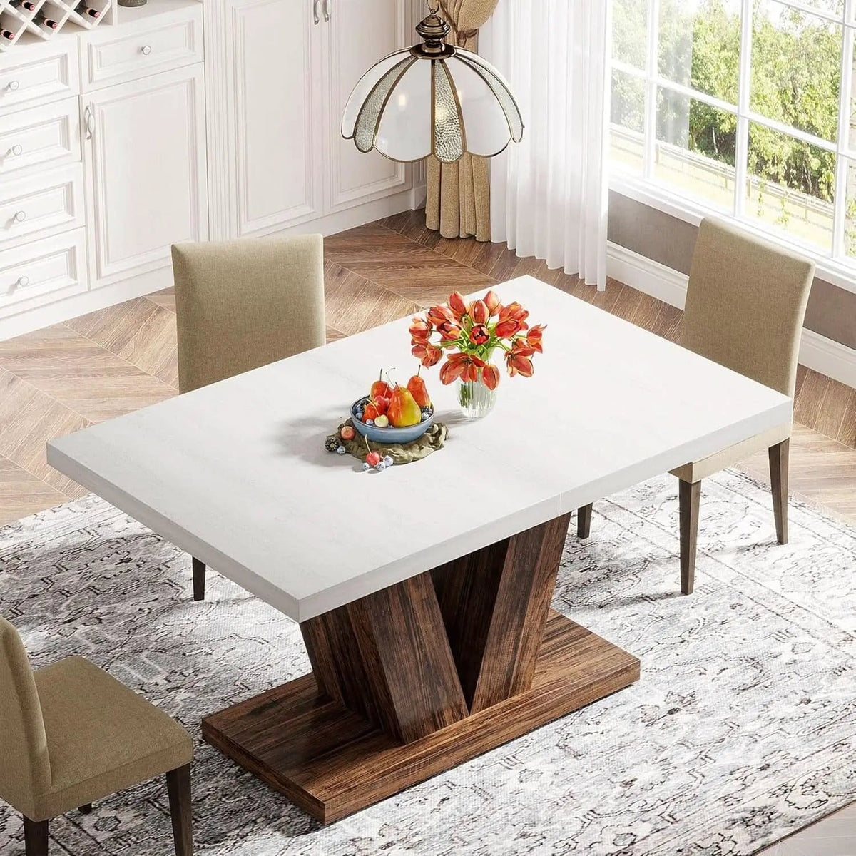 47 Inch White Oak Dining Table With Heavy Pedestal Base from PriceLows™