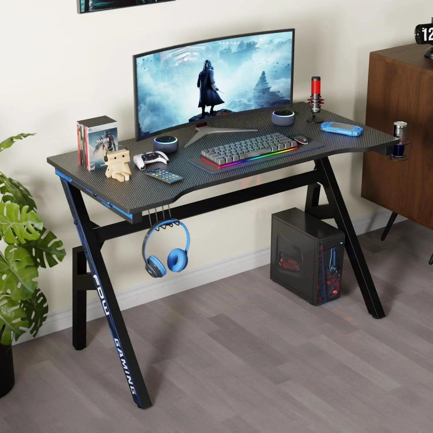 47 Inch Carbon Fiber Gaming Desk with Cup Holder from PriceLows™