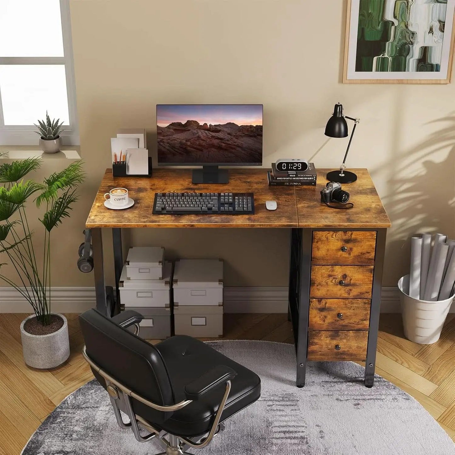 47 Inch Computer Desk With Fabric Drawers Rustic Brown from PriceLows™