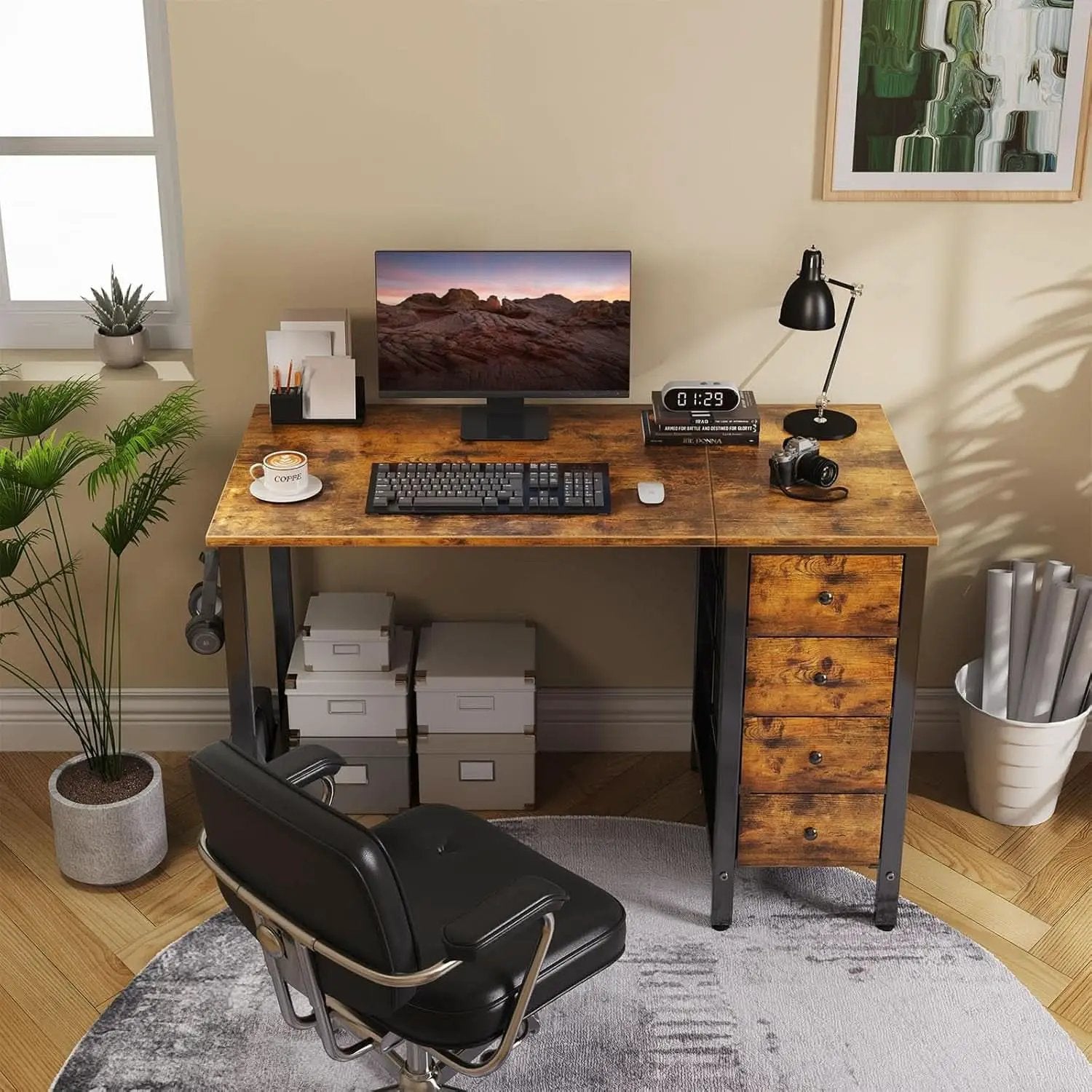 47 Inch Computer Desk With Fabric Drawers Rustic Brown from PriceLows™
