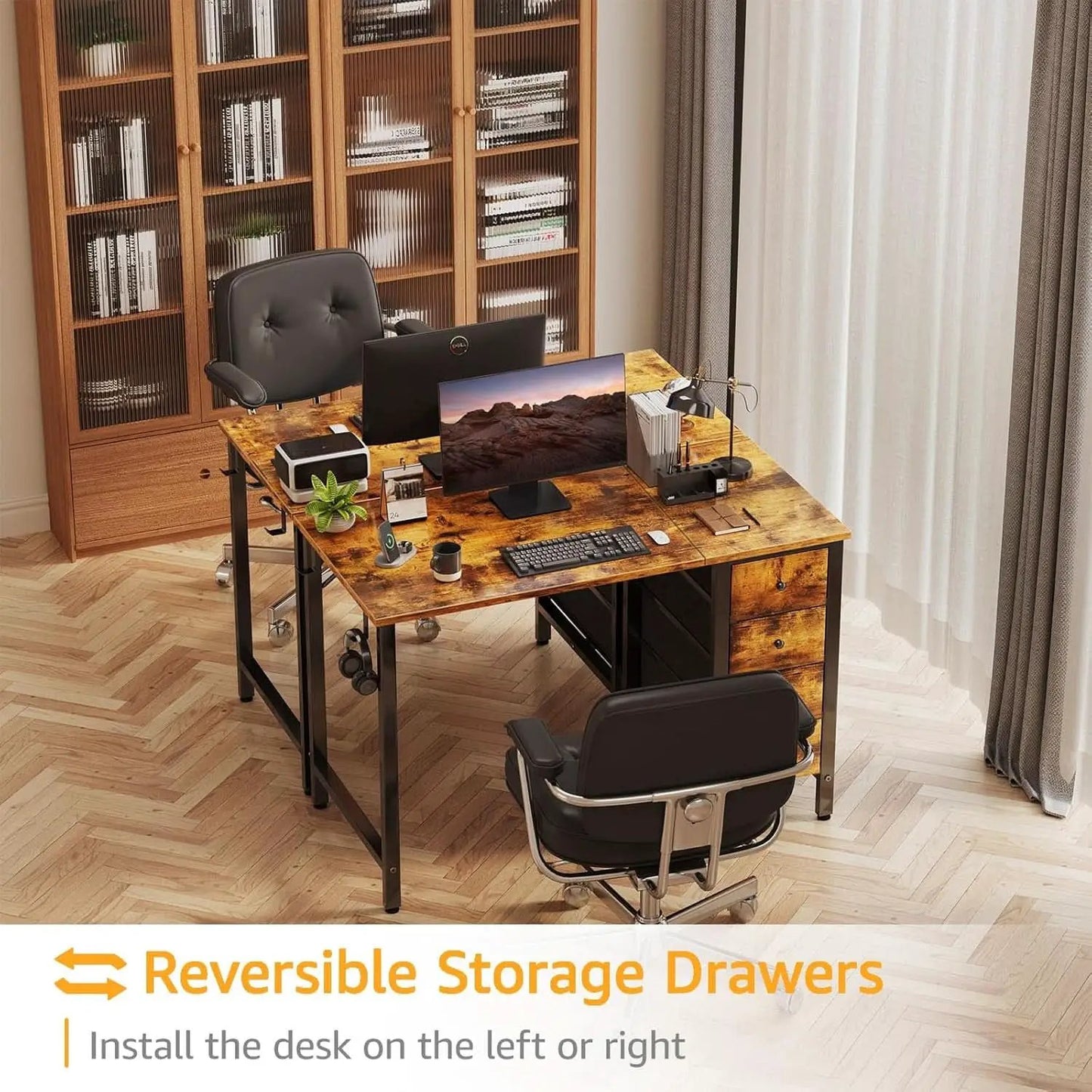 47 Inch Computer Desk With Fabric Drawers Rustic Brown from PriceLows™