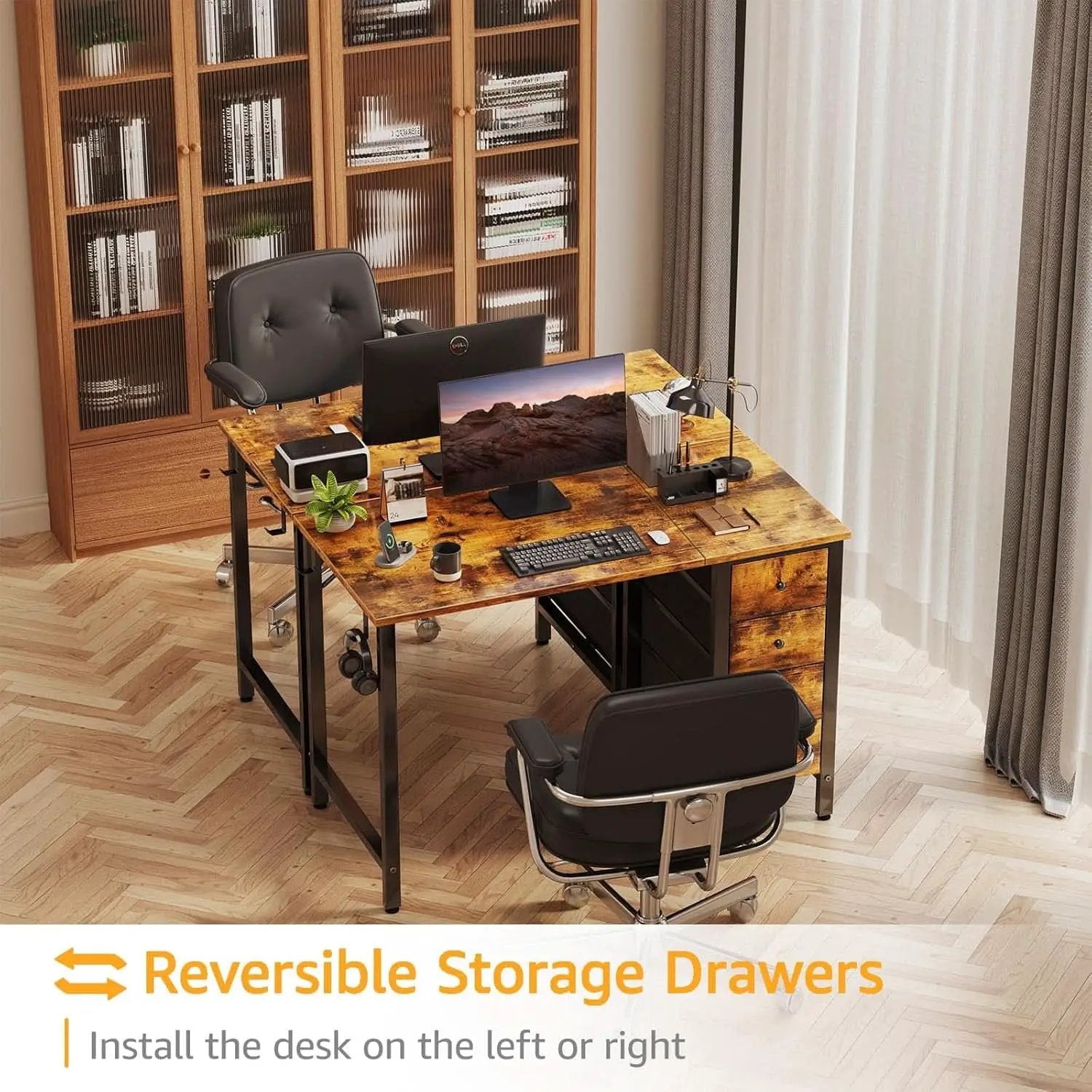 47 Inch Computer Desk With Fabric Drawers Rustic Brown from PriceLows™