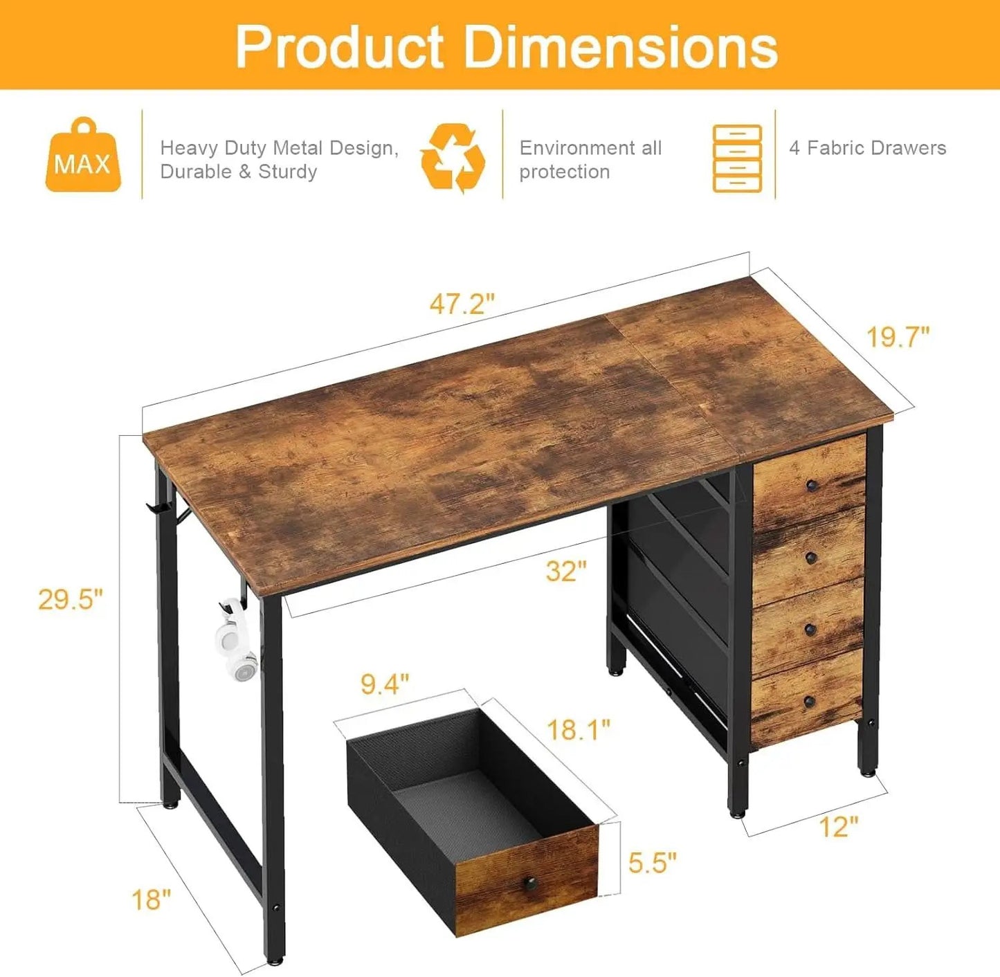 47 Inch Computer Desk With Fabric Drawers Rustic Brown from PriceLows™