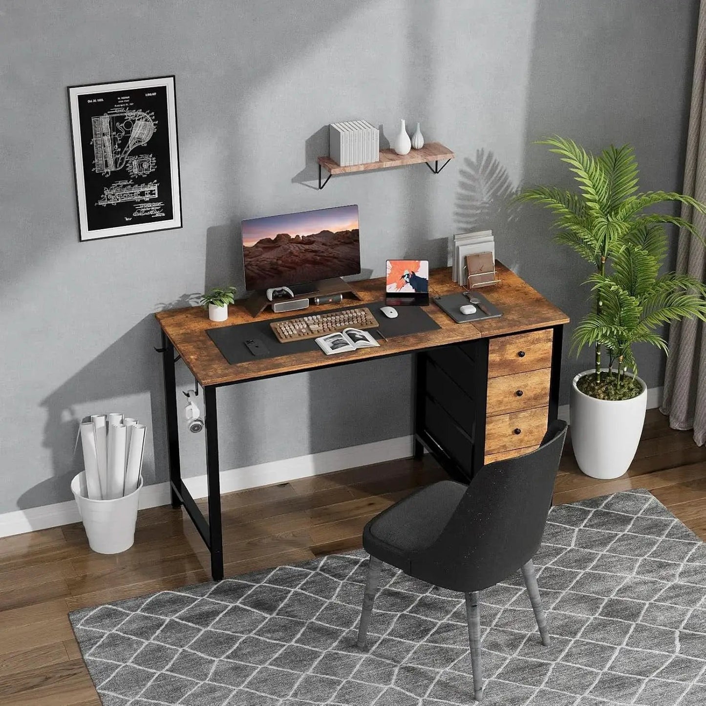 47 Inch Computer Desk With Fabric Drawers Rustic Brown from PriceLows™