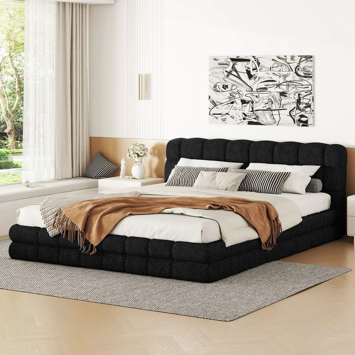Upholstered Platform Bed With Headboard | 3 Pieces | Pine Wood & Metal | Bedroom