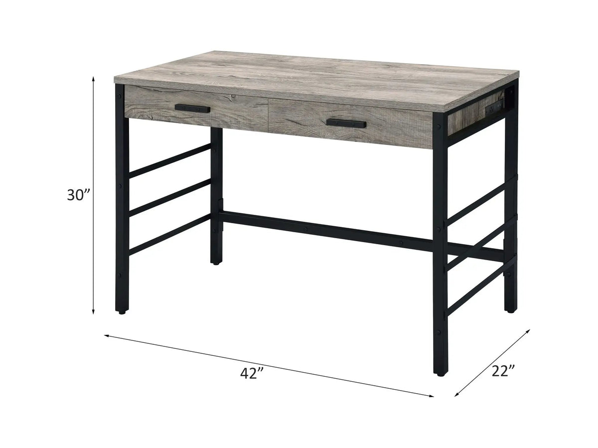 Disho Weathered Writing Desk With USB | Oak Finish | Two Storage Drawers | Ladder Metal Base