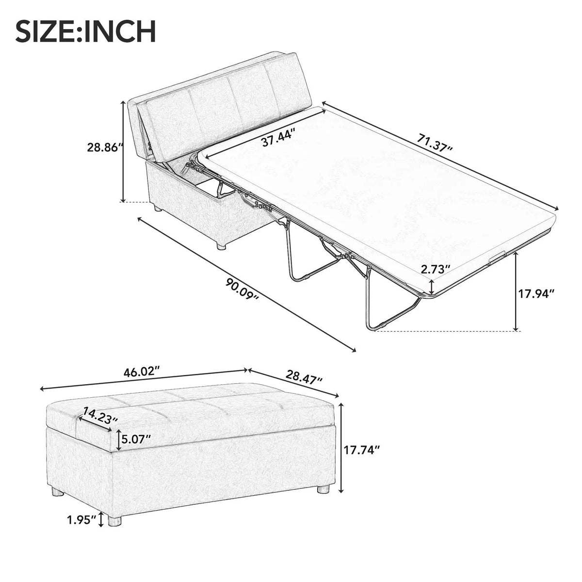 Twin Size Folding Ottoman Sleeper Bed | Includes Mattress | Convertible Guest Bed | High-Density Foam