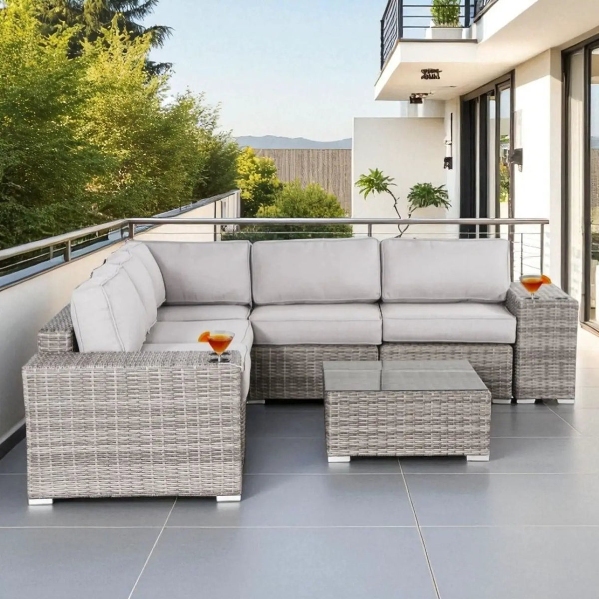 Patio Rattan Sectional Set | Half-Round HDPE Wicker | Rustproof Aluminum Frame | Fully Assembled