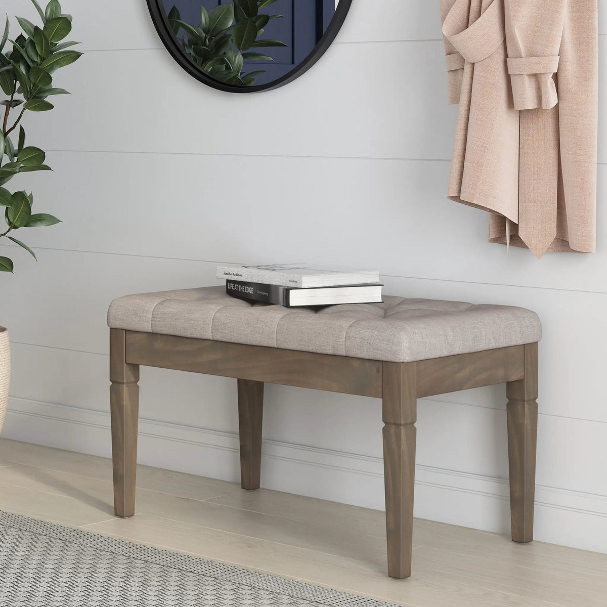 Waverly Upholstered Ottoman Bench | Tufting Detail | Carved Legs | Solid Wood Frame