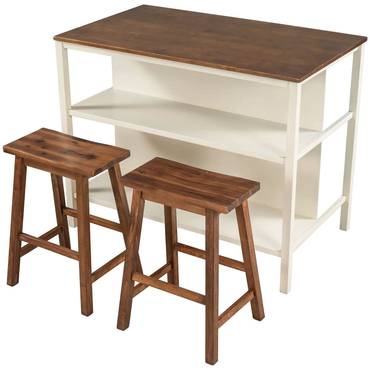 Kitchen Island Set | 3 Piece | Rustic Finish | Solid Rubber Wood