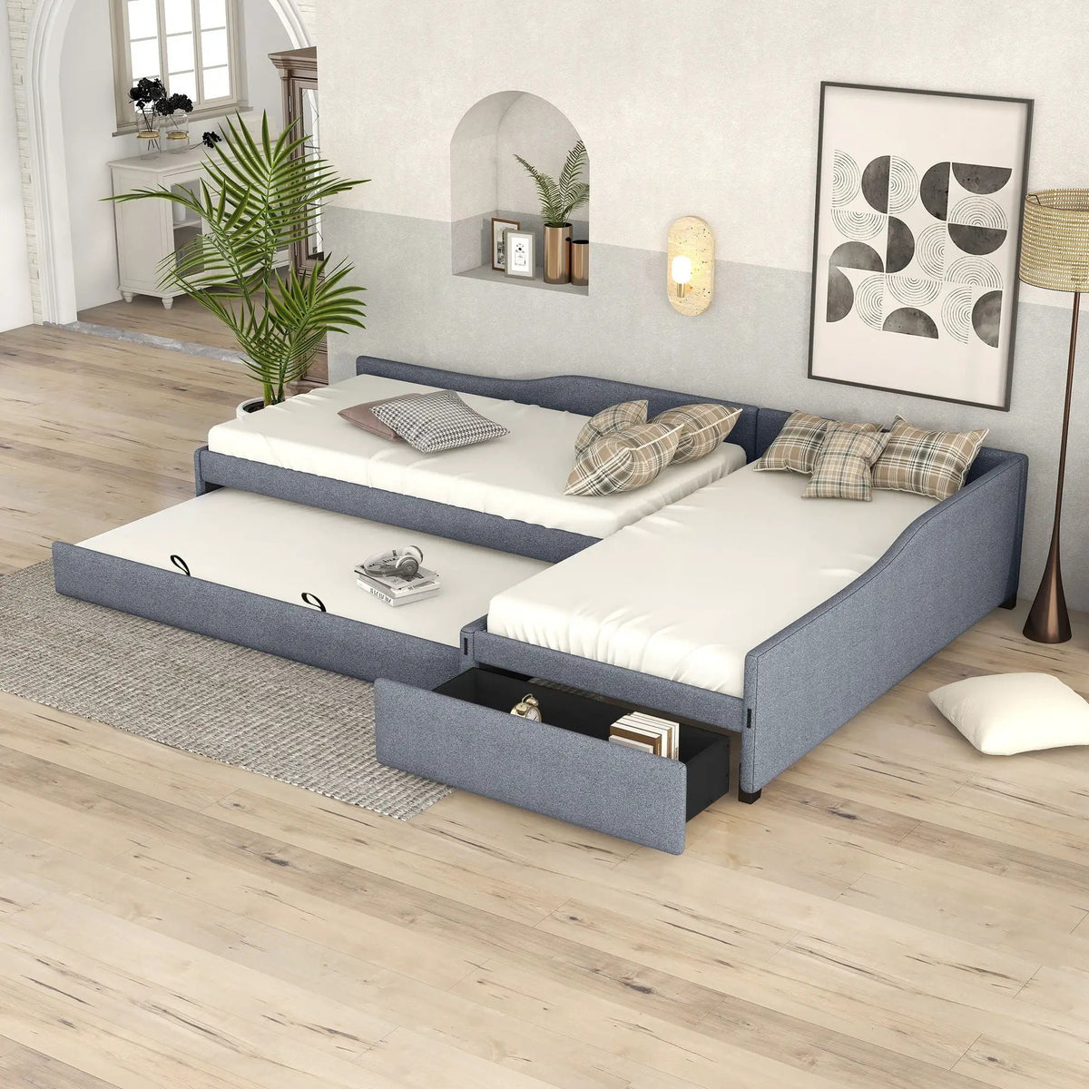 Upholstered Double Daybed | Trundle And Drawer | Two Twin Beds | 120 Inch Length