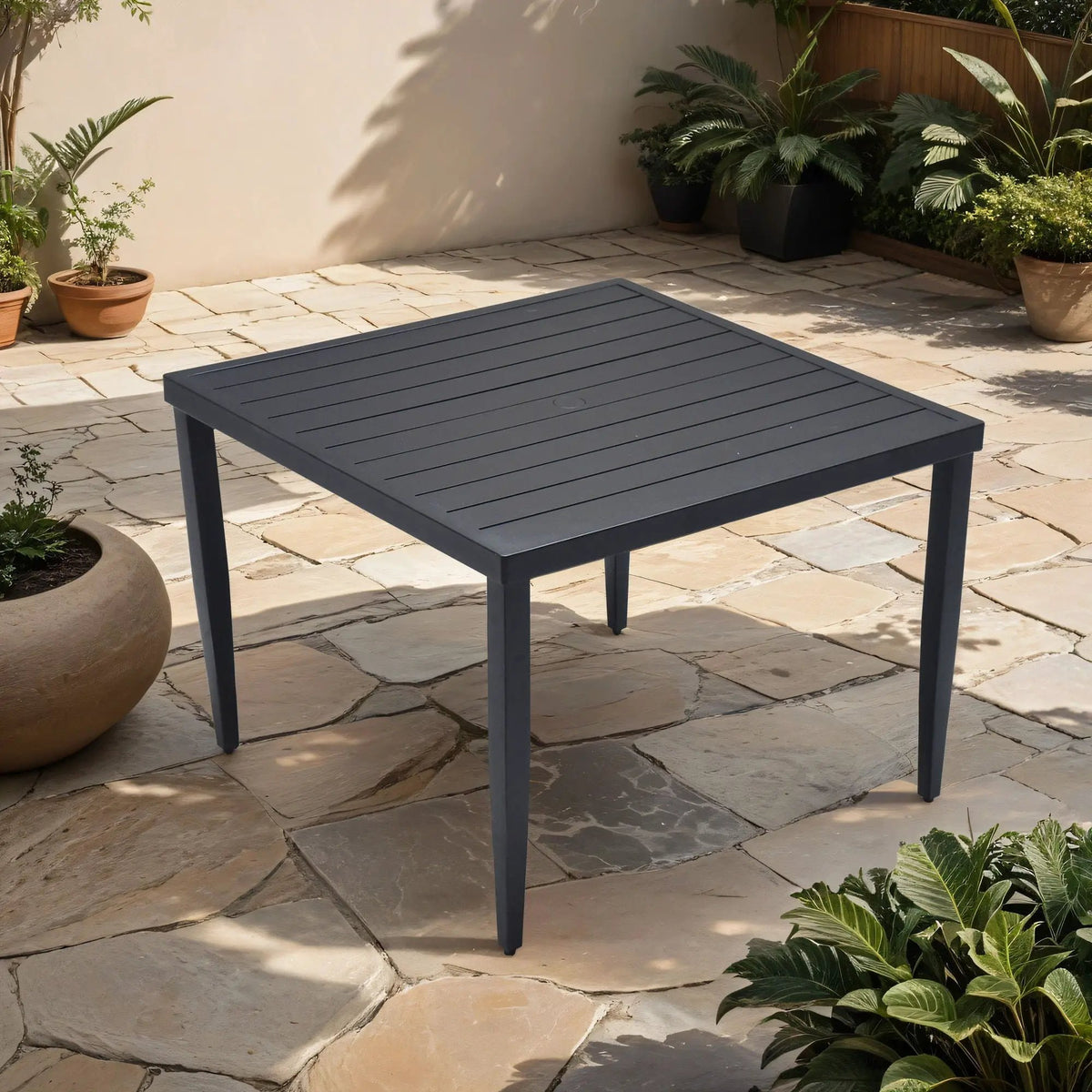 Outdoor Dining Table | Aluminum Frame | Tapered Legs | Umbrella Hole