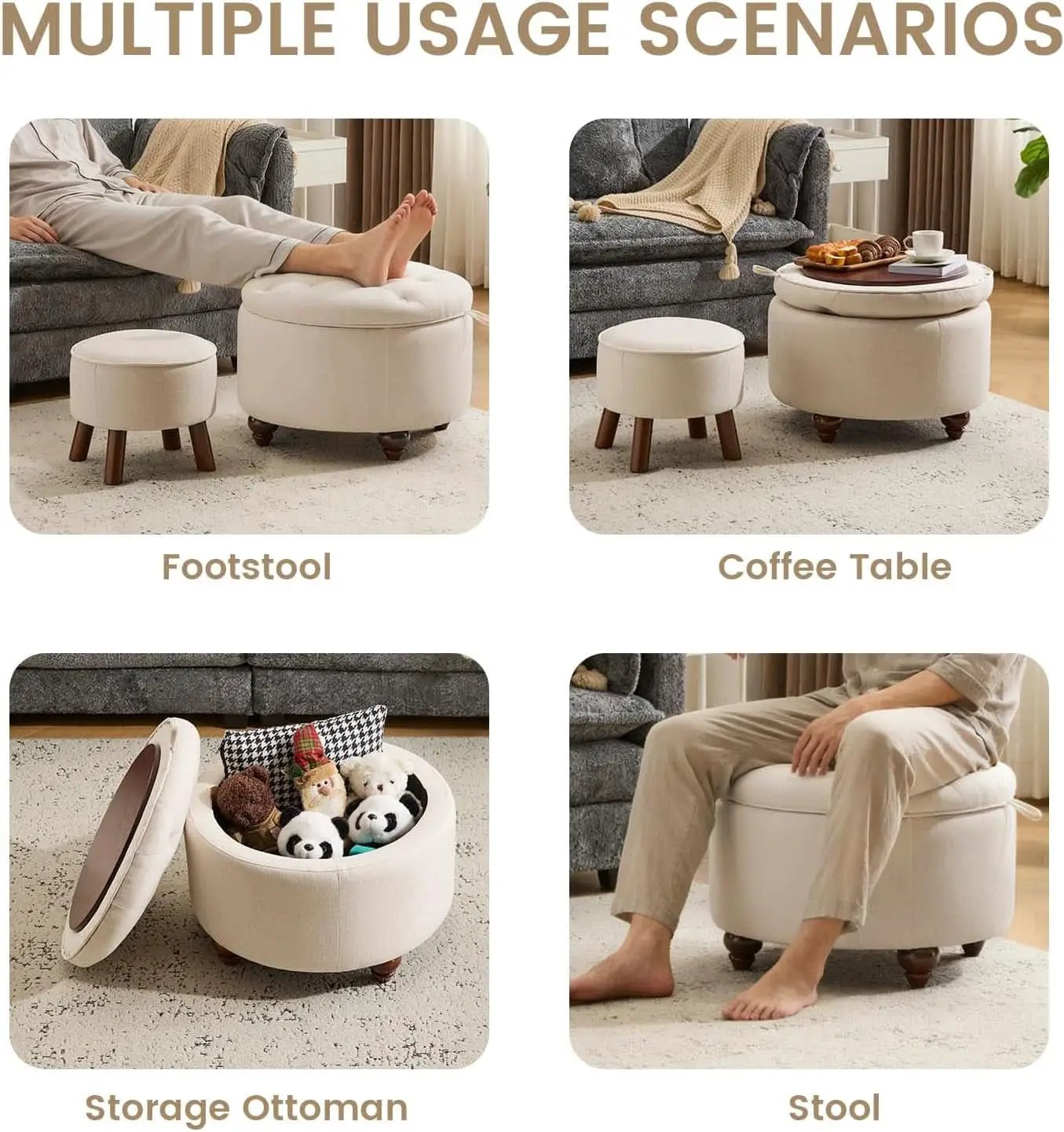 24 Inch Round Khaki Storage Ottoman Removable Top Cover from PriceLows™