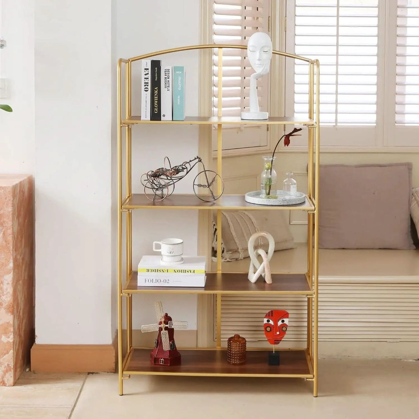 No Assembly Foldable Bookshelf 4 Tier Gold Bookcase from PriceLows™
