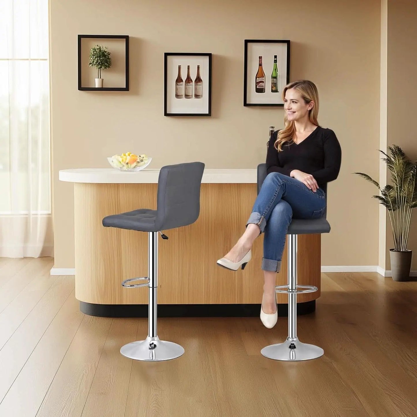 Set Of 4 Adjustable Swivel Barstools In Grey PU Leather from PriceLows™