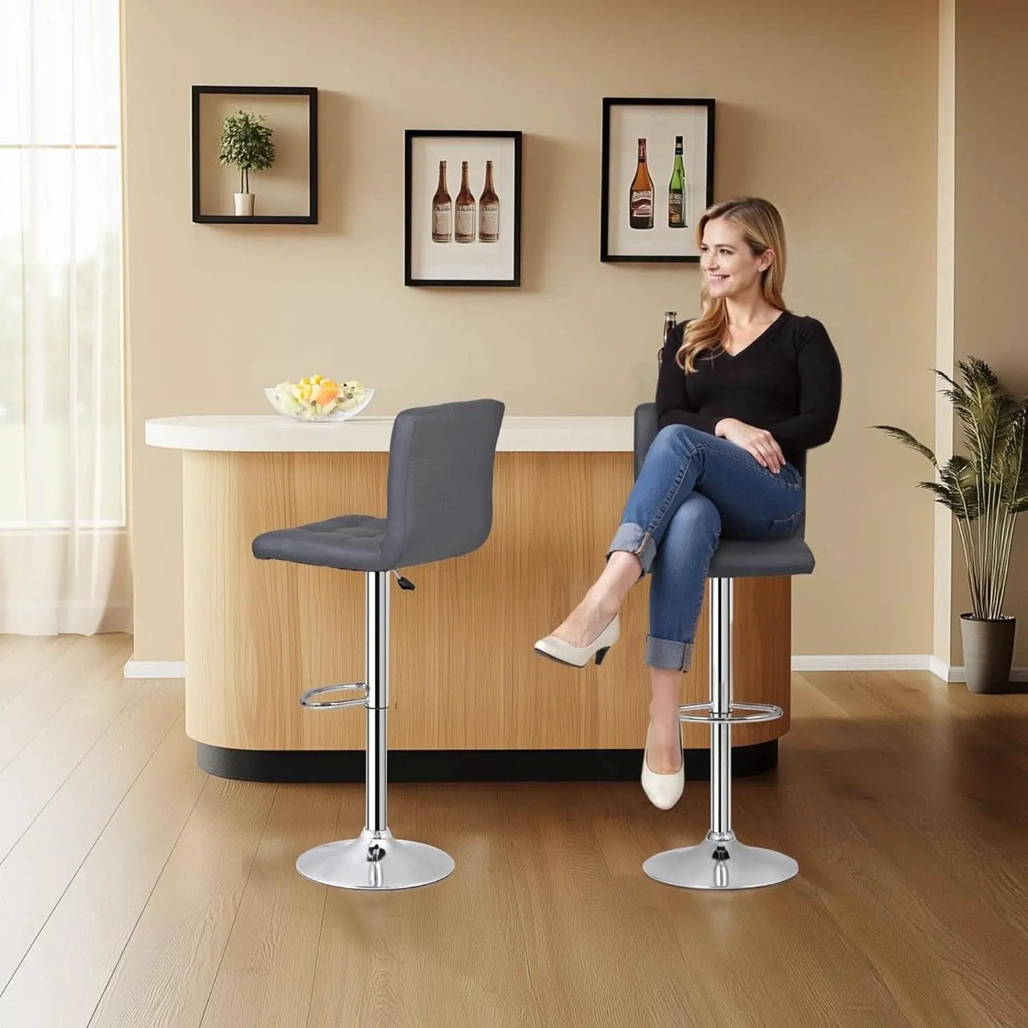 Set Of 4 Adjustable Swivel Barstools In Grey PU Leather from PriceLows™