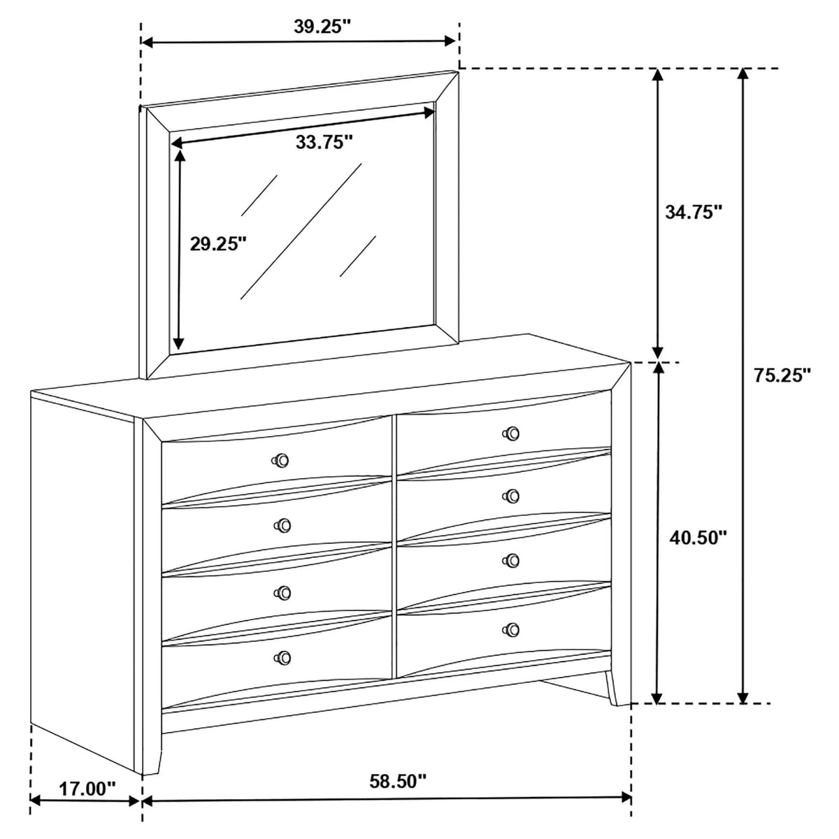 Briana 8-drawer Dresser with Mirror | 58.5 x 16.75 x 75.5 in | Rubberwood & Engineered Wood | Black