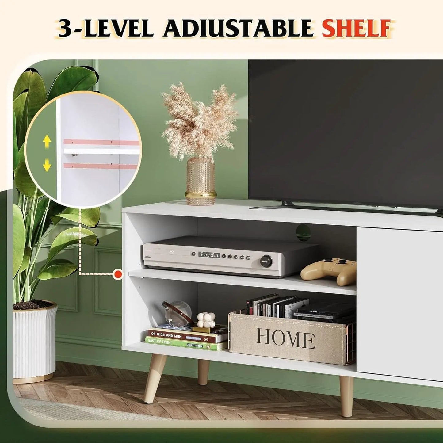 55-Inch TV Stand White Mid-Century Modern Storage Shelves from PriceLows™