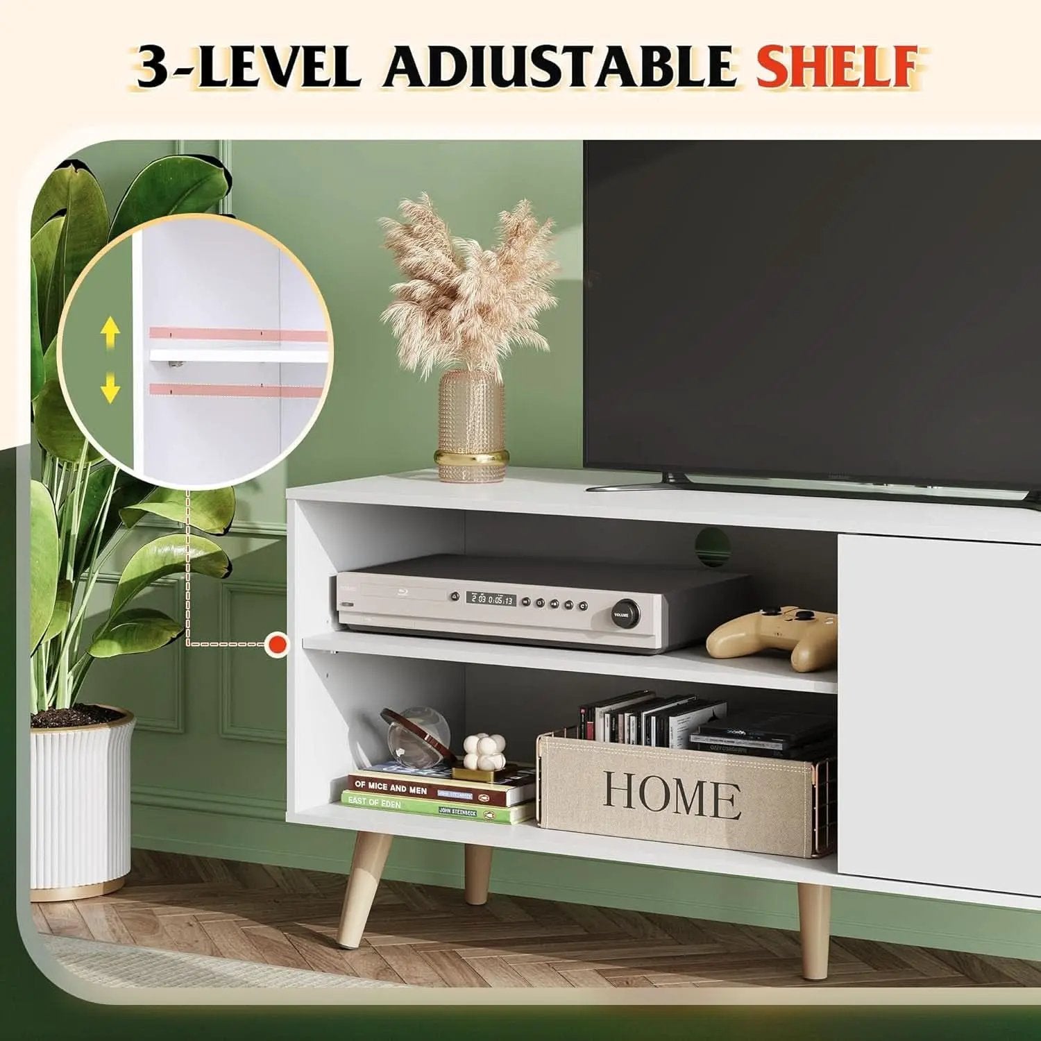55-Inch TV Stand White Mid-Century Modern Storage Shelves from PriceLows™