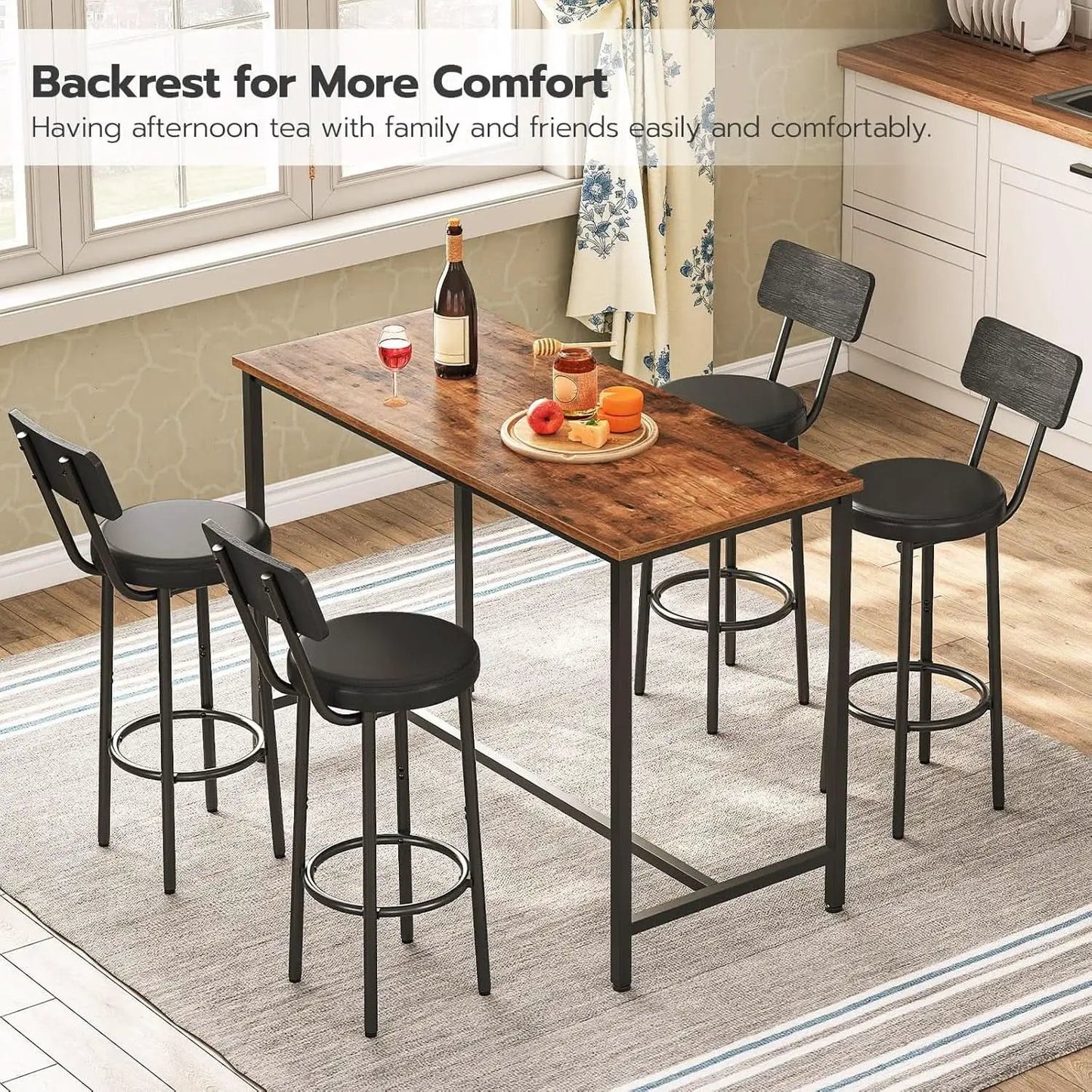 26 Inch Black PU Upholstered Bar Stools Set Of 2 With Back And Footrest