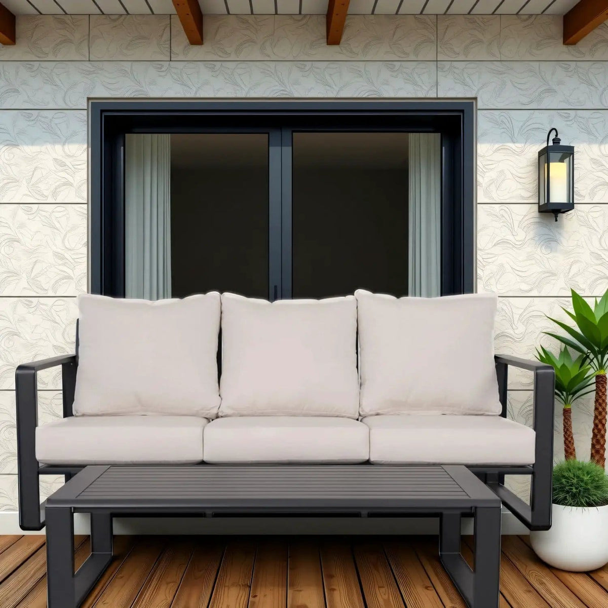 3 Person Sofa With Rectangular Coffee Table, Cushions Tino Tino - 2 Piece Outdoor Set | 77.56 x 35.04 x 31.1 in | Aluminum | Beige