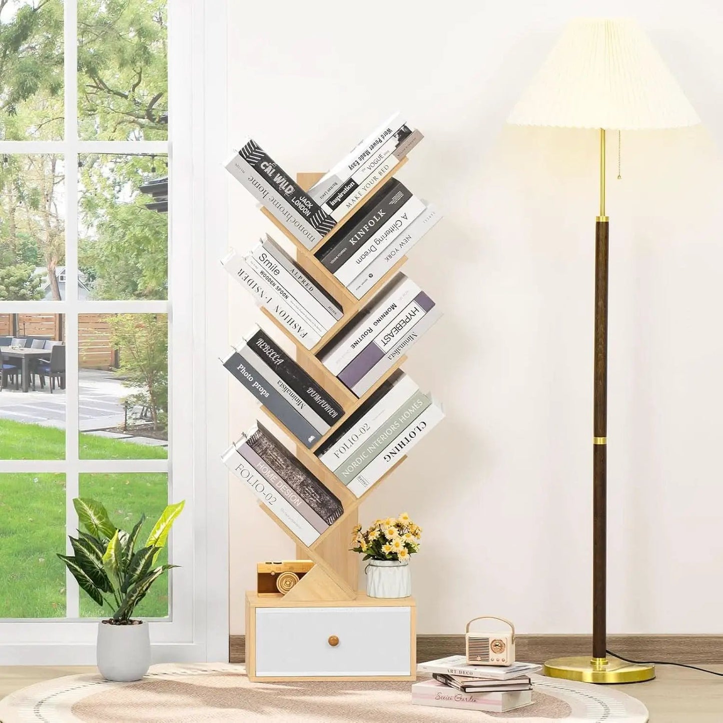 8 Tier Tree Bookshelf With Drawer Natural Wood Bookcase from PriceLows™