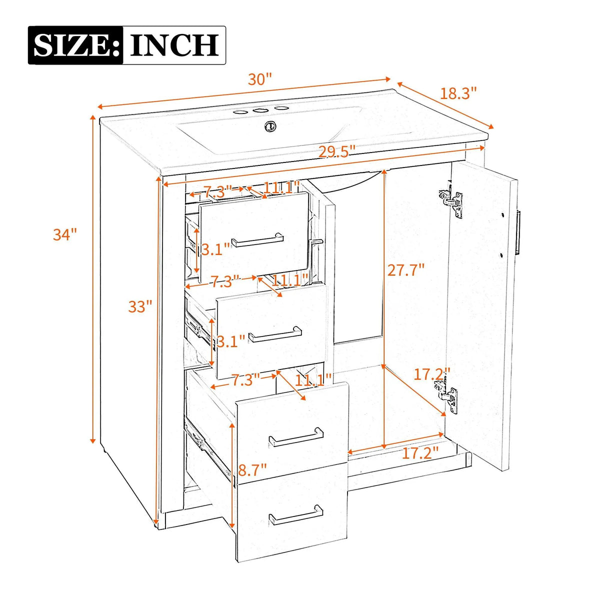 30 Inch Bathroom Vanity | 3 Drawers Soft Close | Solid Wood Ceramic Combo