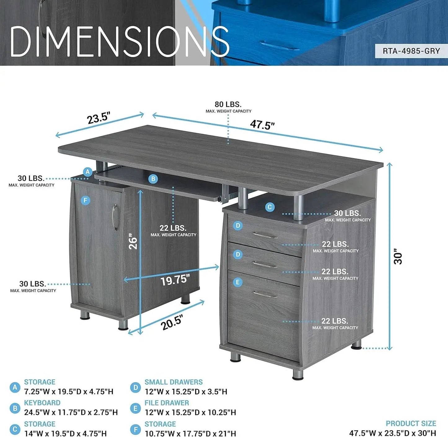 47.5 Inch Computer Desk Keyboard Tray File Cabinet from PriceLows™