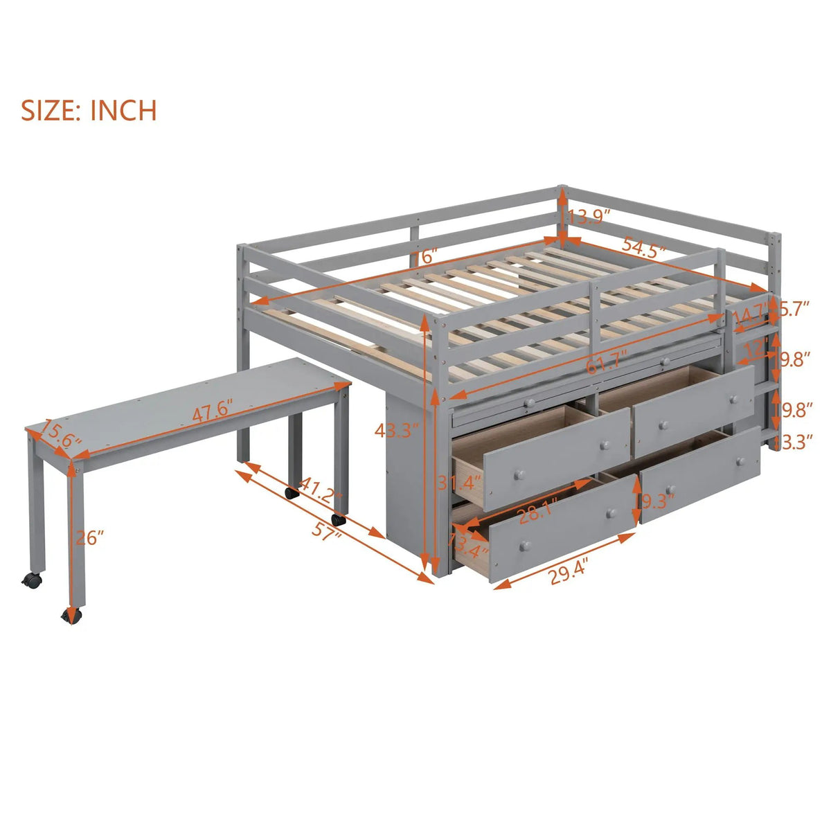 Loft Bed With Retractable Desk | 4 Front Drawers | Lateral Portable Desk | Side Shelves