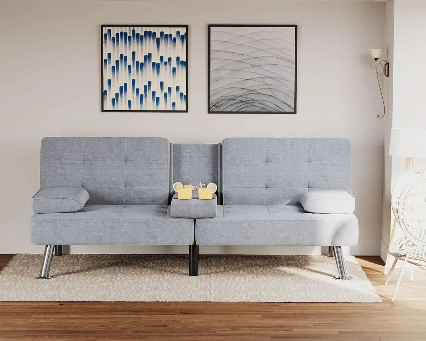 Futon Sofa Bed Light Grey Linen With Cup Holders Removable Armrests from PriceLows™