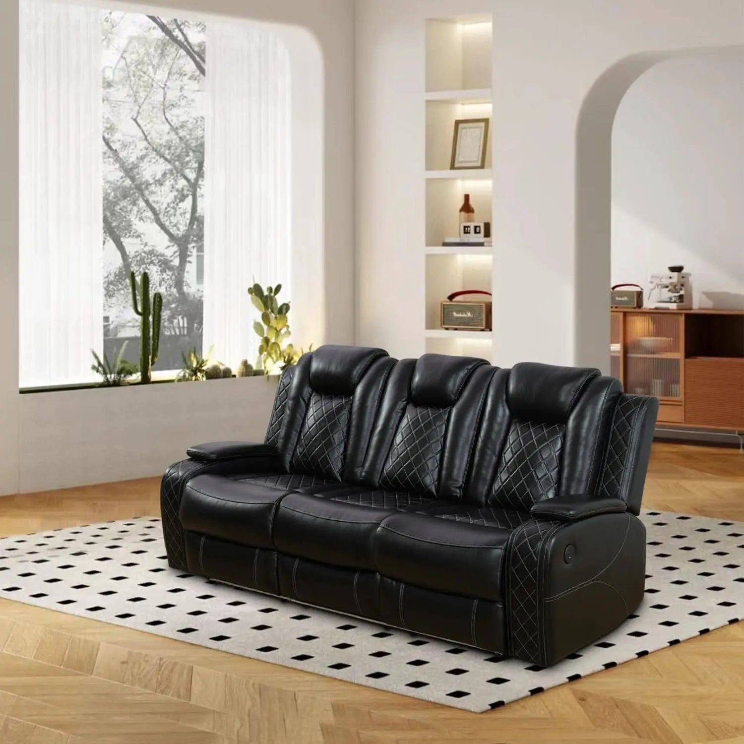 Power Reclining Leather Sofa Set With USB Ports Black from PriceLows™